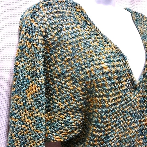 Shining Bright SWEATER Teal Tan Gold Silver Metallic Threads S/M Handmade - Picture 2 of 7